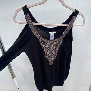 Y2K Caché Black Copper Sequin & Bead Embellished Blouse Size XS